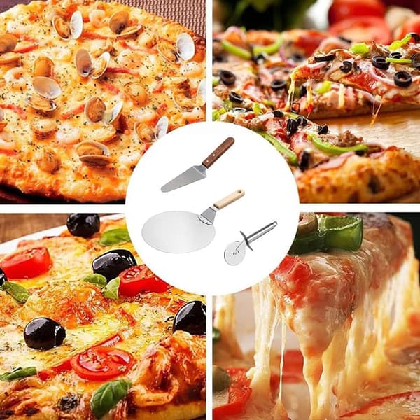 3 deler pizzaspade i rustfritt stål, pizzakutter i rustfritt stål, pizzahjul i rustfritt stål, pizzakuttersett