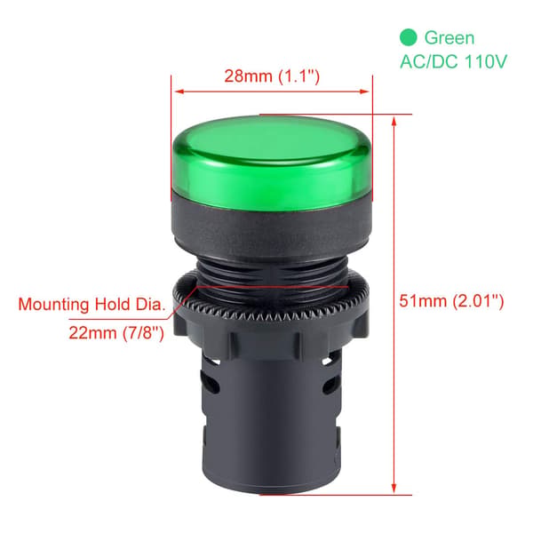 2 stk. AC/DC 110V indikatorlamper, grøn LED, planforsænket panelmontering 7/8\" 22mm green