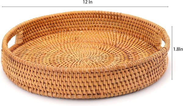 Rattan serveringsbricka, 30 cm handgjord dekorativ rund flätad korg, bricka