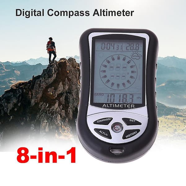Digital kompass, 8 i 1 multifunktionell LED utomhus kompass höjdmätare barometer termometer väderprognos klocka för bergsklättring vandring camping