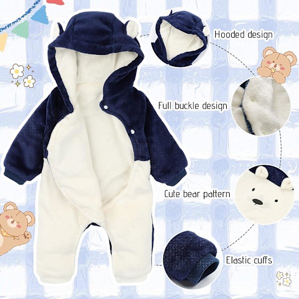 Fleece Overall med huva, långärmad lekdräkt, nyfödd vinterbody, babykläder (blå 80 cm) 80cm