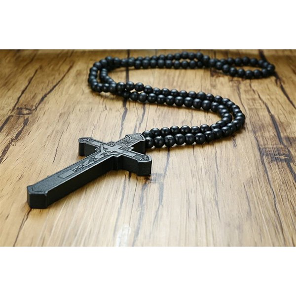 Trä stort långa krucifix radbandskors katolska Jesus hänge halsband för män och kvinnor