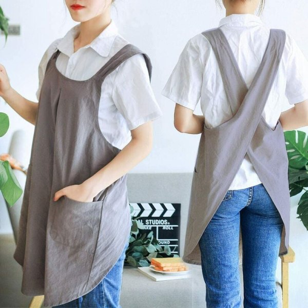 Japanska linnekors-baksida köksförkläden för män med fickor för matlagning, målning, trädgårdsarbete, städning (grå för kvinnor)