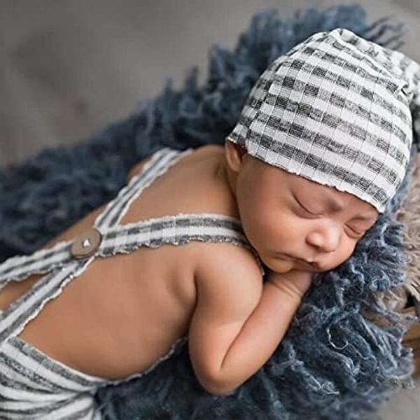 Nyfödd babyfotografering rekvisita kläder randig jumpsuit romper knut mössa för 0-2 månader (blå) color 2