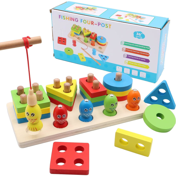 Montessori-spel för 2-åriga bebisar, träleksaker för att stapla former och färger att sortera