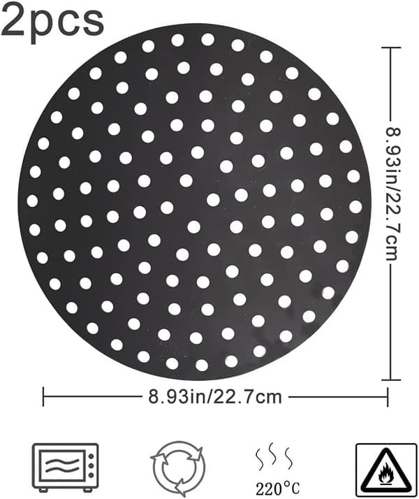 2-pack återanvändbara silikonmattor för airfryer, non-stick airfryer-foder i silikon (runda, 22,7 cm) 22.7cm