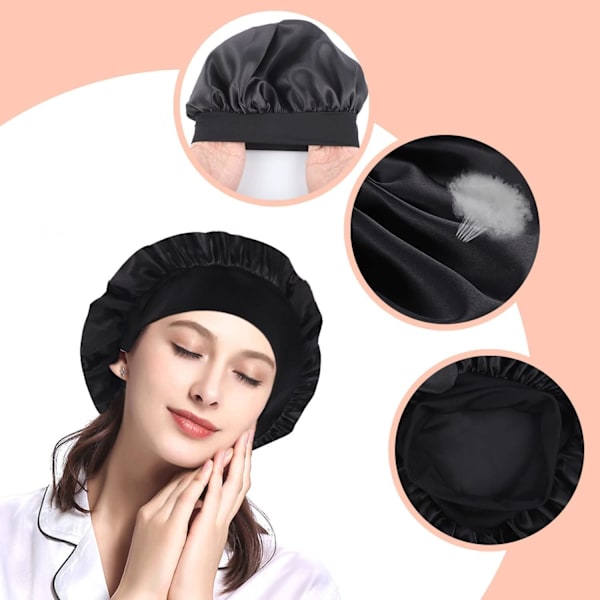 2-pack mössa med brett elastiskt band, silkesmössor elastisk hatt mjuk satin sovhårfodral (svart+rosa)