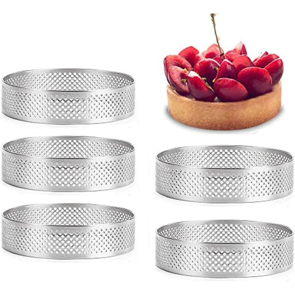 5-pack perforerade tårtformar för bakning, non-stick runda metallbakformar cirkel cupcake 8 cm