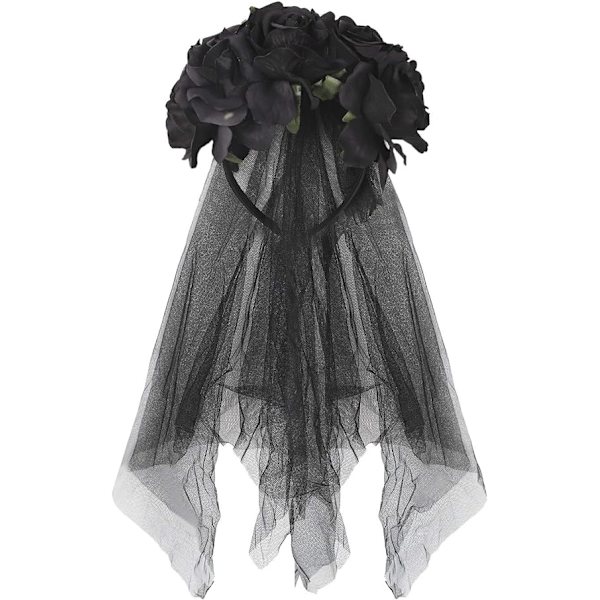 Halloween gotisk blomsterkrans med svart slöja hårband cosplay bröllop huvudbonad（svart） black