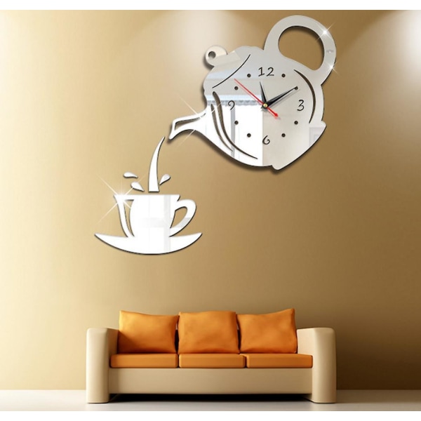 Väggklockor Kreativ DIY Akryl Kaffe Kopp Tekanna 3D Väggklocka Dekorativ silver