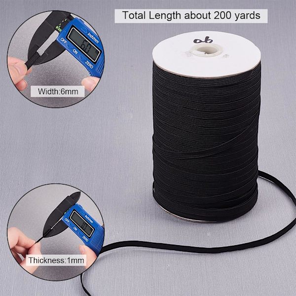 200 yards/rulle platt elastisk fibersnöre, stretchband snöre spole rulle, 6x1mm (svart)