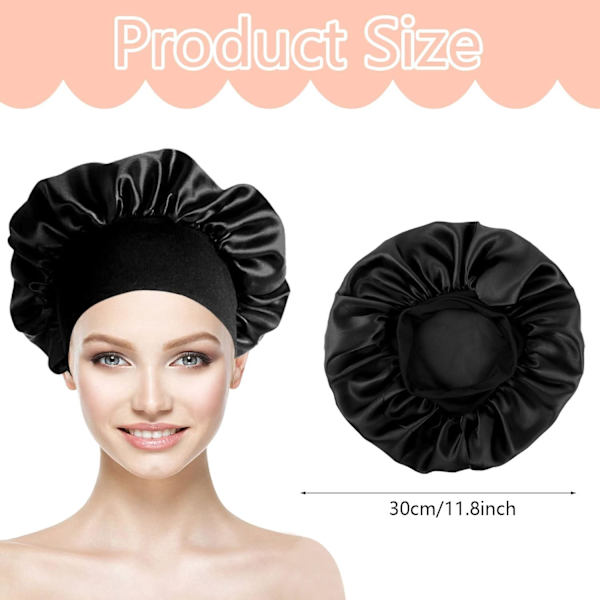 2-pack mössa med brett elastiskt band, silkesmössor elastisk hatt mjuk satin sovhårfodral (svart+rosa)