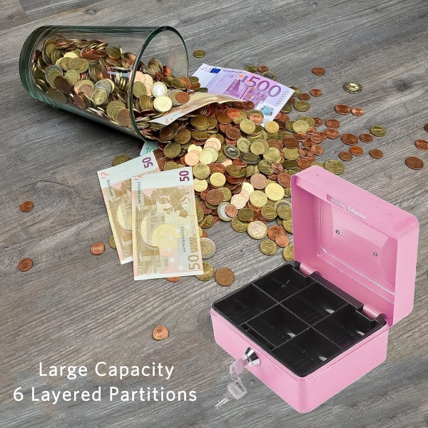 Minipengarbox med lås, pengakassett med 2 nycklar, 12 x 15 x 7,5 cm (rosa)