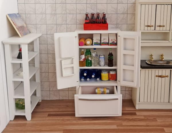 1:12 Dukkehus Træ Mini Dobbeltdørs Køleskabsmodel (Hvid) 1 Styk