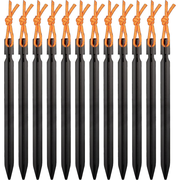 12 delar tältpinnar, Y-formad kraftig spik av aluminiumlegering med reflekterande rep（svart） black