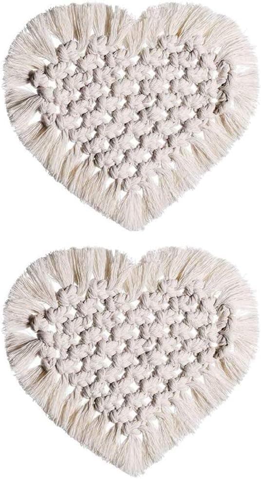 2 stykker håndvævede glasunderlag, boheme-stil bordtæppe med pompom (hjerteform)