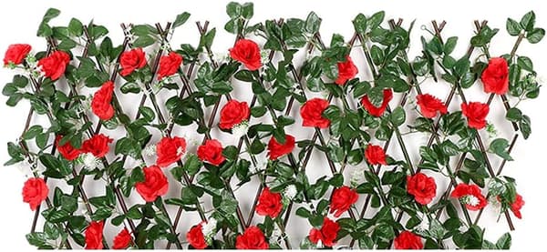 Expanderbar konstgjord staket med blommor, häckpaneler i trä, hopfällbart spaljéstaket
