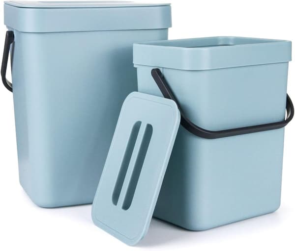 Sæt med 2 (5 L + 3 L) lugttæt kompostspand i plast med låg (blå) blue