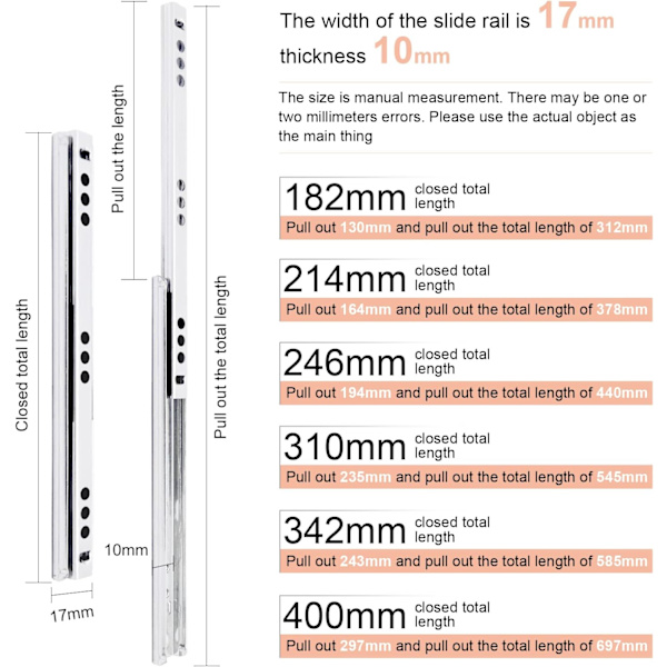 Lådskena, B17mm 1 par metallådskena löpare kullager för möbellåda (400 mm längd)