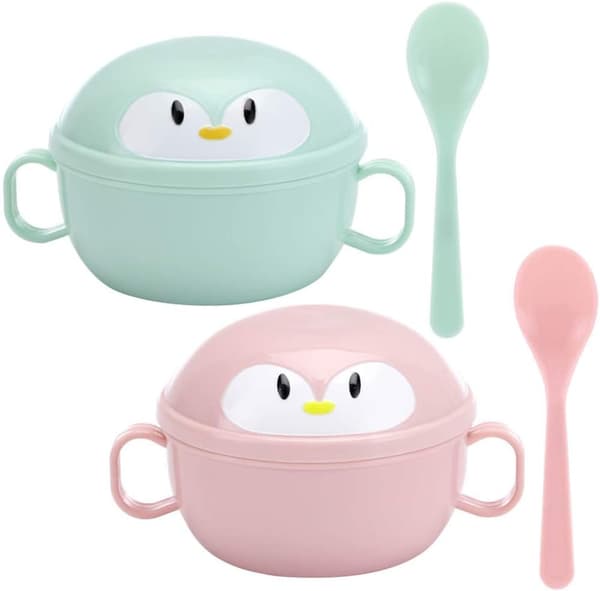 Pingvin tegneserie børnebestik i rustfrit stål (pink+grøn) 2 stk.