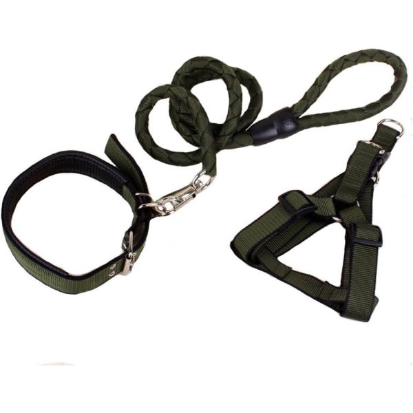 Justerbar hundsele i nylon med flätad koppel och väst (ArmyGreen,M) 3 delar army green m