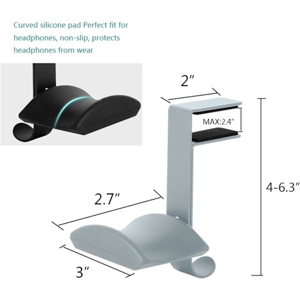 Metallhörlurar Klämma-på Hängare Hållare, Gaming Headset Hook Under Desk (grå) White