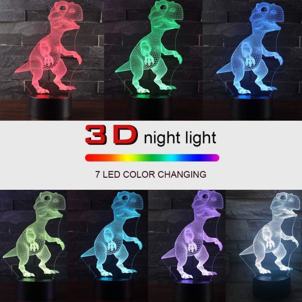 3D dinosaurielampa LED nattlampa, plug and play 7 färger skiftande nattlampa