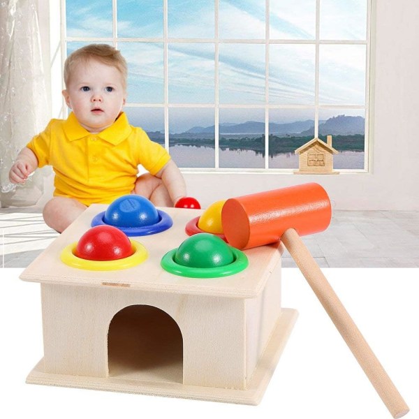 Barnleksakshammare och 4-bollars set Lär dig färger, räknar dunkande träleksak