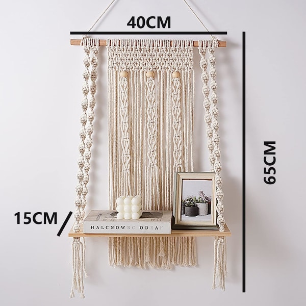 Bohemisk Macrame Vägg Hängande Gobeläng Handvävd med Trähylla
