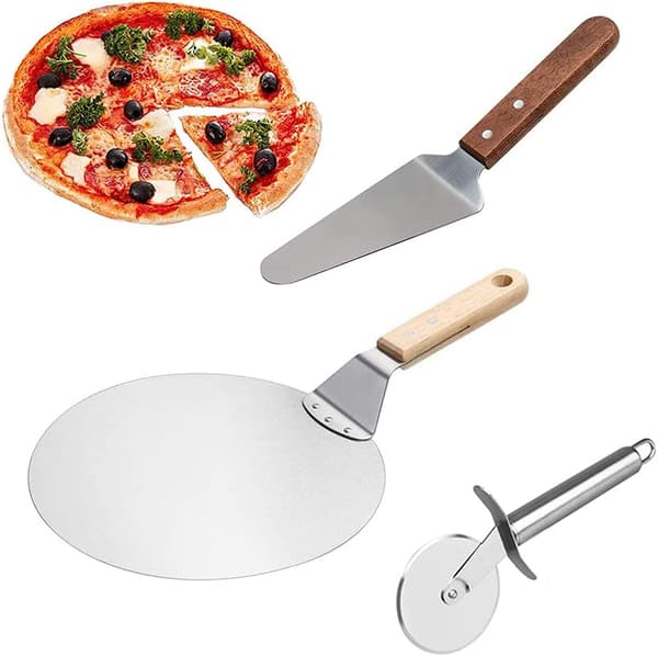 3 deler pizzaspade i rustfritt stål, pizzakutter i rustfritt stål, pizzahjul i rustfritt stål, pizzakuttersett