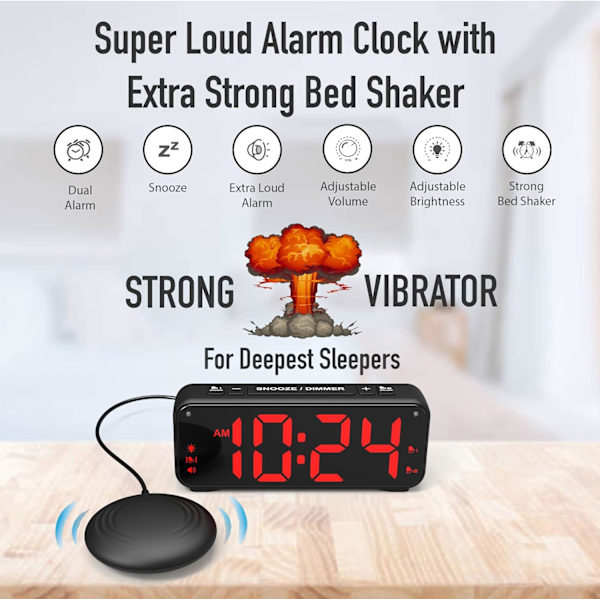 Vibrationsväckarklocka, extra högt alarm för sovande, extra stor display för äldre med dubbla alarm, SVART black