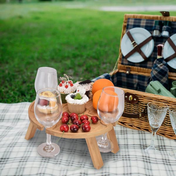 Bärbar Campingbord Fällbar Trä Picknickbord med Vinglas Hållare