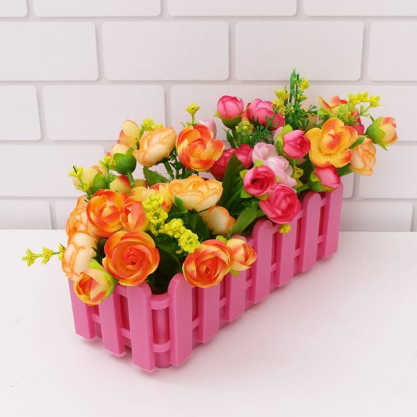 Mini Flower Box Staket Design Plast Blomkruka Bonsai Desktop Ornament（Rosa）