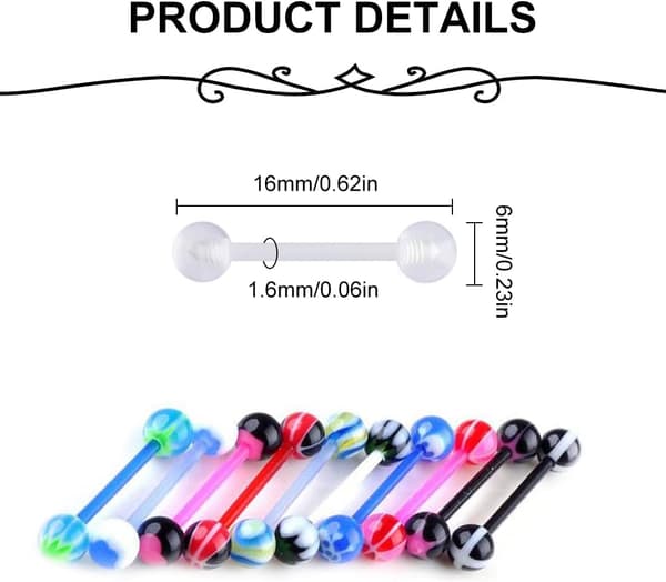 Tungepiercing Plastik Sæt 16mm 10G Fleksibel Barbell