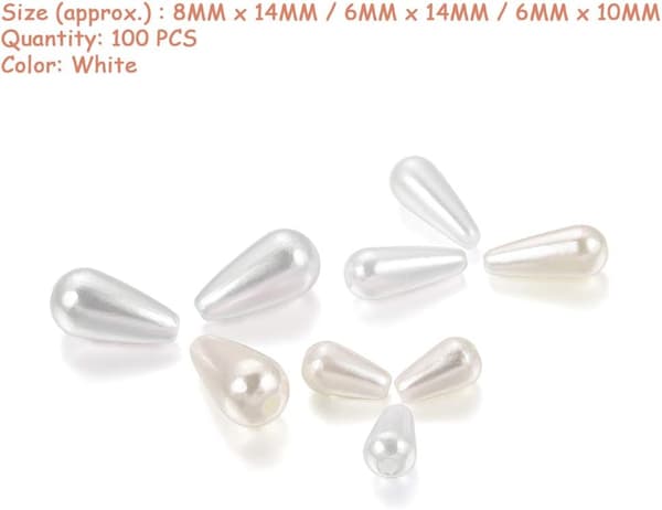100 stk. plastimitasjonsperle dråper imitasjonsperle vanndråper DIY smykkelaging (hvit, 6mmx10mm)