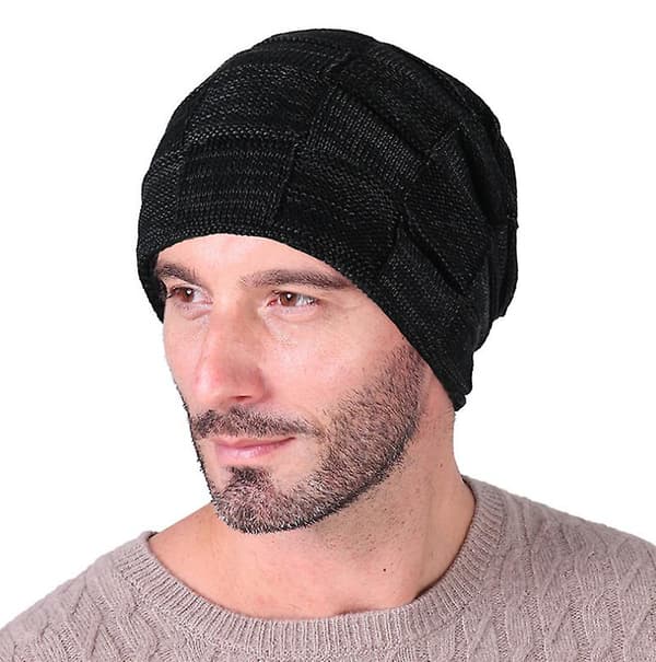 Herrar Stickad Vintermössa, Varm Mössa med Fleece Innerfoder
