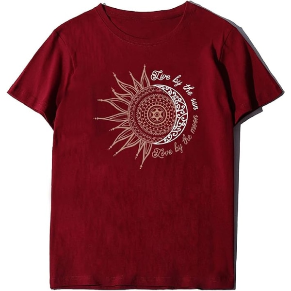 Sommar T-shirt dam Sun and Moon Sunflower Print Mönster T-shirt Crew Neck Basic Casual Top (XL vinröd) Wine Red