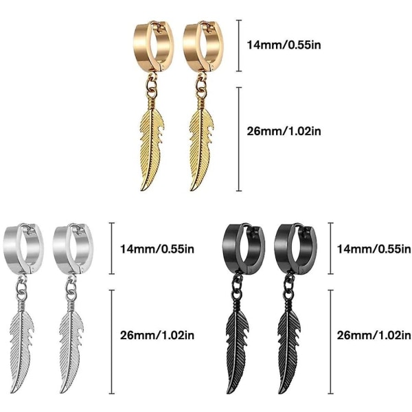 3 par örhängen i rostfritt stål, damörhängen, för kvinnor, män, unisex (svart, silver, guld)