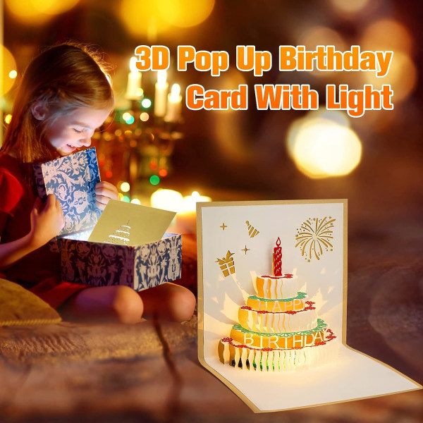 Pop-up 3D-födelsedagskort med musik och ljus, presenter för gratulationskort på födelsedagen gold
