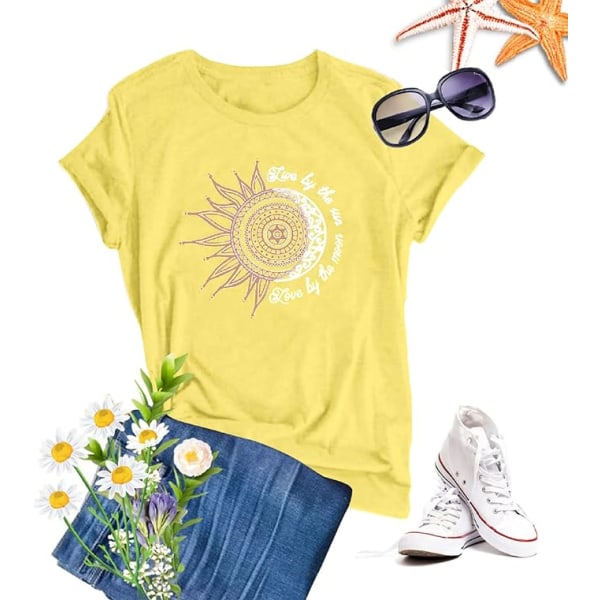 Sommar T-shirt dam Sun and Moon Sunflower Print Mönster Tee Shirt Crew Neck Basic Casual Top (XL gul) Yellow