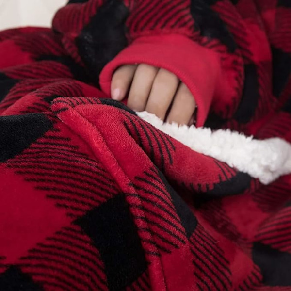 Kvinnors mjuka varma jättejacka med hatt (svart och rött rutnät vit kant)