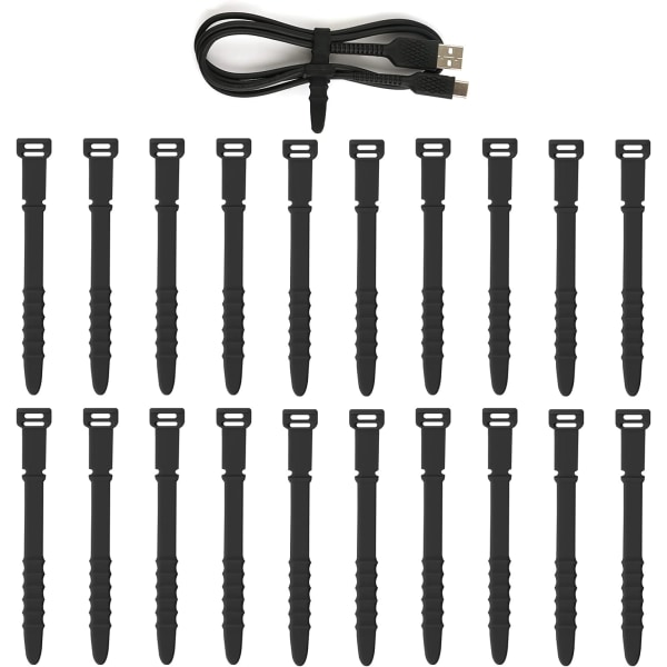 20-pack silikonkabelbindare, återanvändbara kabelbindare, elastiska silikonkabelhållare, kabelbindare (svart) Black