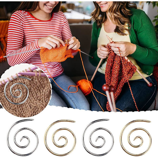 4 st spiralformade stickningsnålar, handgjorda stickningsverktyg i rostfritt stål, cirkelformade böjda nålar (silver + guld)