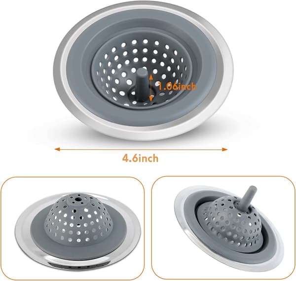 2-pack köksavloppsfilter i silikon med rostfritt stål, 4,5 tum i diameter