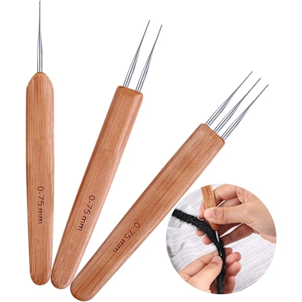 3-pack bambu dreadlock-krokar 0,75 mm 1 krok 2 krokar 3 dreadlock-krokar