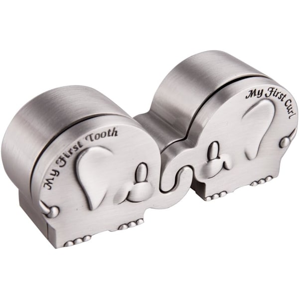 Första lock och första tand minneslåda för barn metallisk graverad elefantform (6 x 4 x 3 cm)