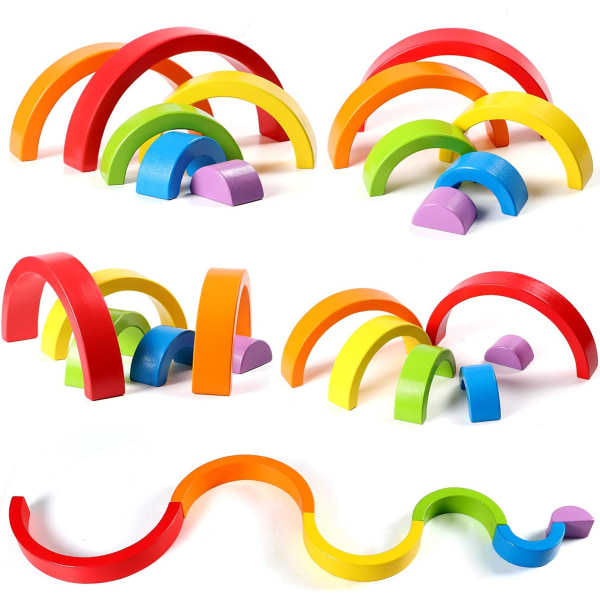 Trä regnbågsstaplare häckande pusselblock Pedagogiska leksaker för barn Baby småbarn, regnbåge color 2