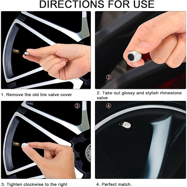 4 st däckventilhattar, Rhinestone Auto Lids of Valve Stem Vattentät för bilar SUV (Vit) White