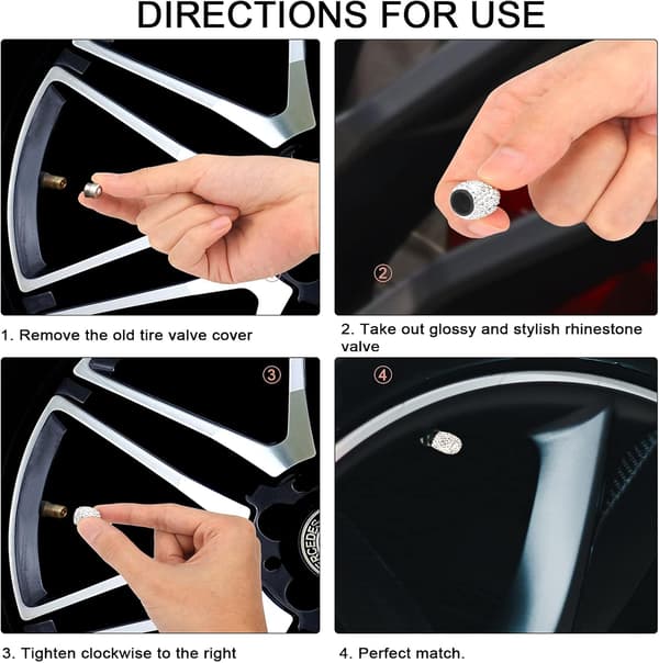 4 stk. dekkventilhetter, Rhinestone Auto Ventilstamdeksler Vanntette for biler SUV (hvit) White