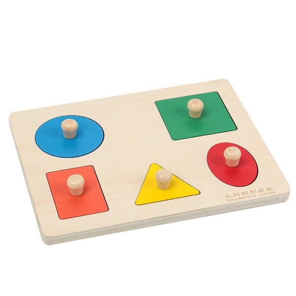 Barns kognitiva trähand som greppar geometrisk pedagogisk leksak (A style)